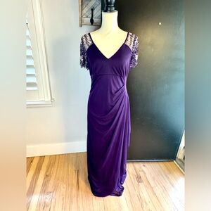 Purple Xscape Dress Formal Gown Plum Petite Beaded Sleeves